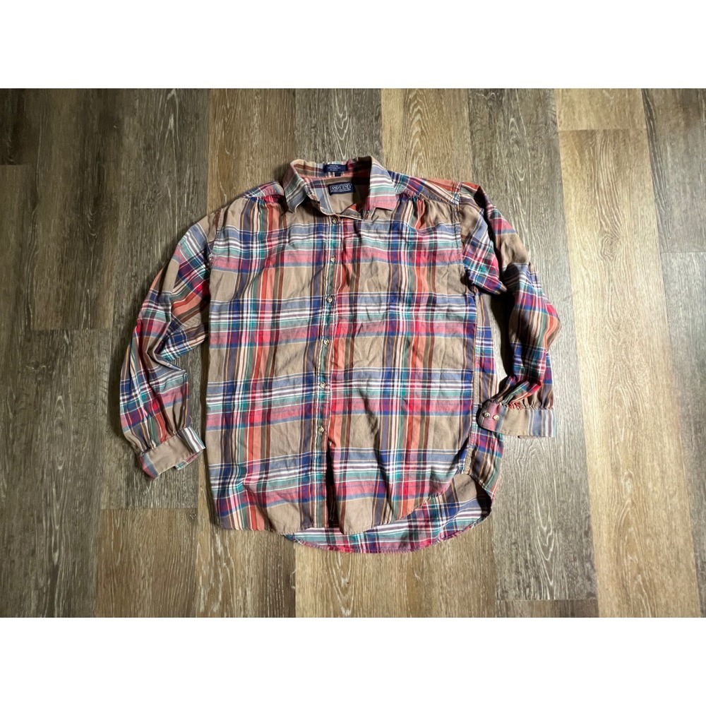 Lands End Button Down Shirt Womens 12 Tan Plaid Long Sleeve Cotton‎ Vintage